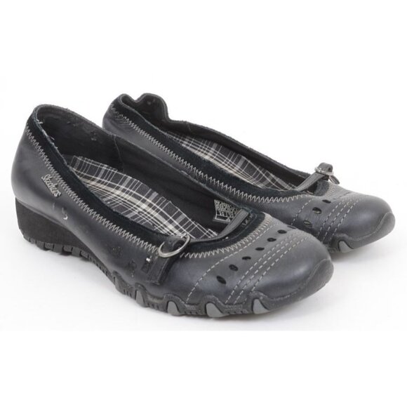 Skechers Women's 8.5 Black Leather Skool Girl Mary Jane Slip On Wedge Shoes - Picture 1 of 9
